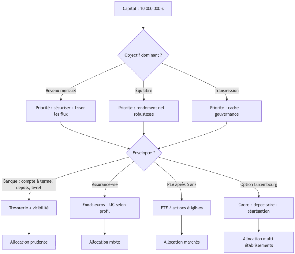 A chart describing the different interests and vehicles of structuring, investing and preserving 10 million euro.